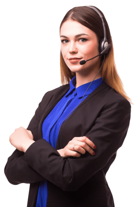 icon of a call center representative in black professional suit and blue top